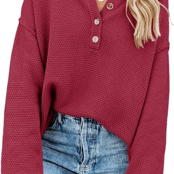 Red V-Neck Oversized Batwing Long Sleeve Loose V Neck Sweaters - Picture 4 of 11